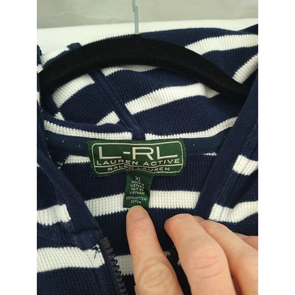 Lauren Active Ralph Lauren XL Cardigan Hoodie Navy Blue & White Stripe Full Zip - Picture 3 of 11